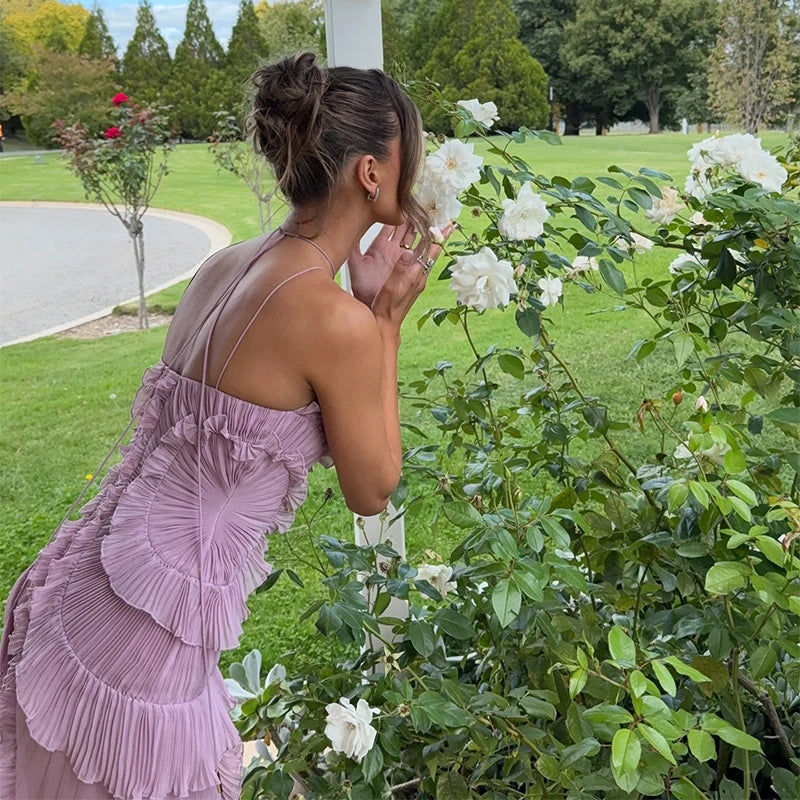 Chic Lotus Edge Backless Lace-Up Halter Maxi Dress