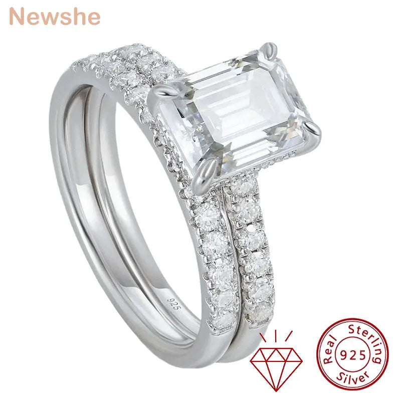 Newshe 2pcs 925 Sterling Silver Certified Moissanite Rings Set for Women