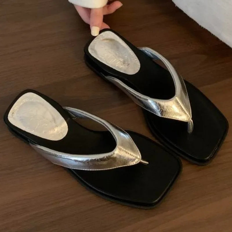 Summer Square Head Open Toe Non-Slip Flat Slippers