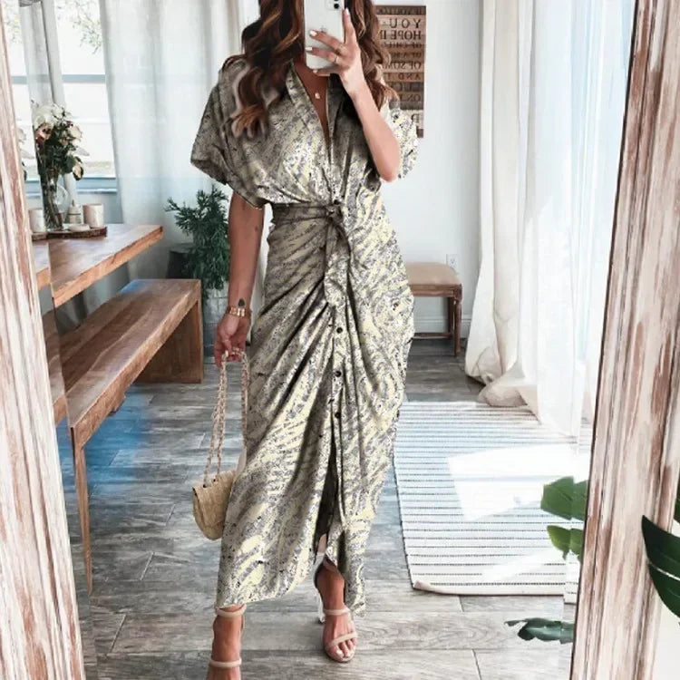 Summer Bandage Shirt Dress with Button & Ruched Waist