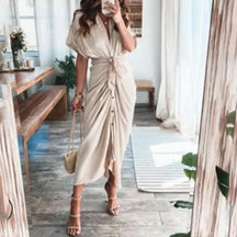 Summer Bandage Shirt Dress with Button & Ruched Waist