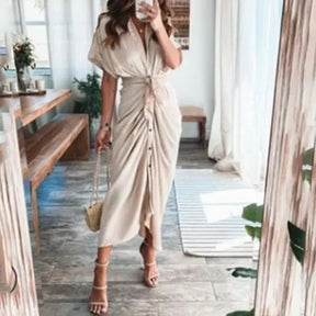 Summer Bandage Shirt Dress with Button & Ruched Waist