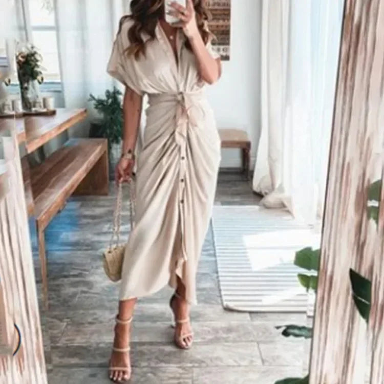 Summer Bandage Shirt Dress with Button & Ruched Waist