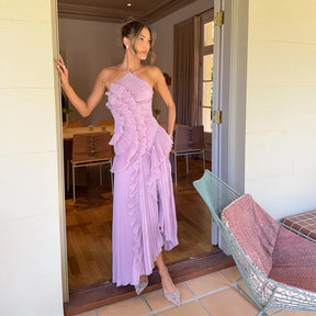 Chic Lotus Edge Backless Lace-Up Halter Maxi Dress