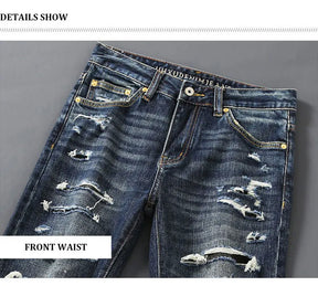 Italian street fashion men's jeans, high-quality retro washed blue elastic slim fit corrugated patch jeans, men's retro denim pa
