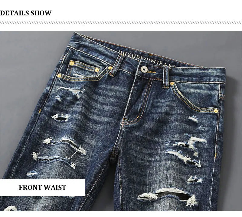 Italian street fashion men's jeans, high-quality retro washed blue elastic slim fit corrugated patch jeans, men's retro denim pa