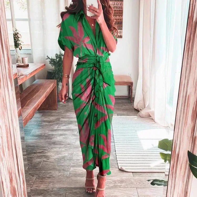Summer Bandage Shirt Dress with Button & Ruched Waist