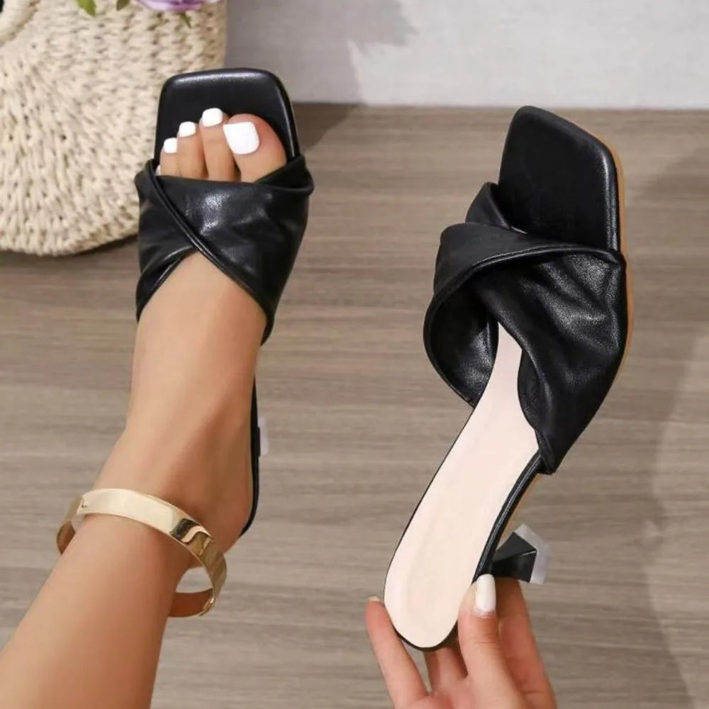 Handmade Summer Women's Square Open Toe High Heel Slippers