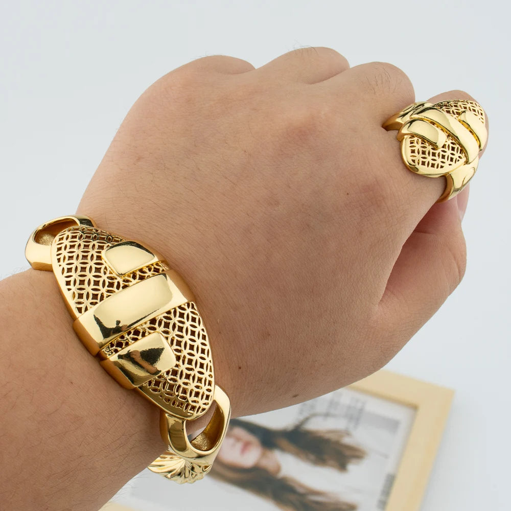 Cuff Bangle & Ring Set 18K Gold Plated for Women