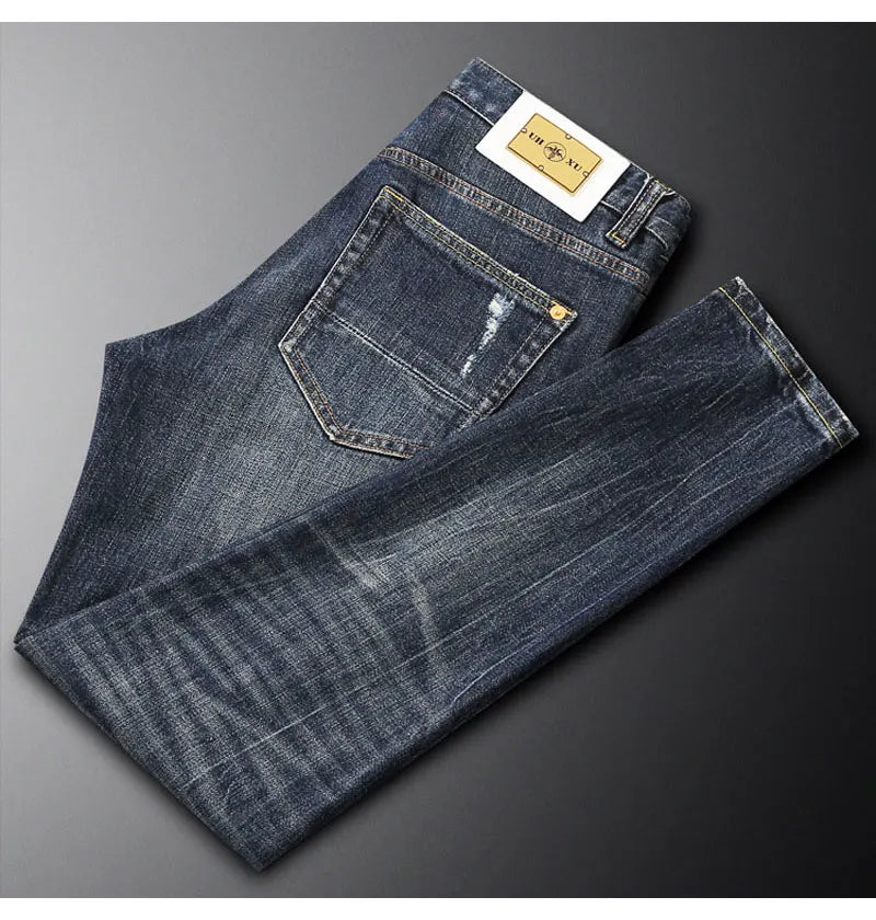 Italian street fashion men's jeans, high-quality retro washed blue elastic slim fit corrugated patch jeans, men's retro denim pa