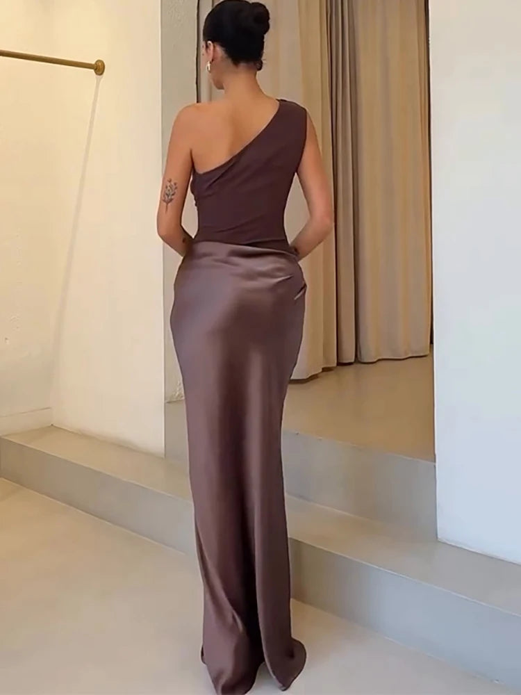 JULISSA MO Patchwork Satin One Shoulder Maxi Dress