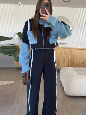Denim Patchwork Sweatshirt Coat & Wide Leg Pants Set
