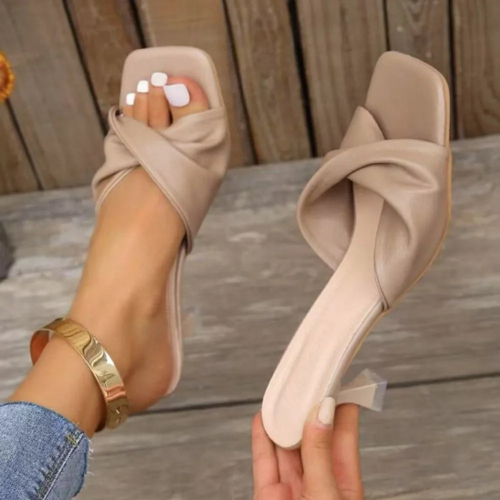 Handmade Summer Women's Square Open Toe High Heel Slippers