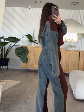 Denim Patchwork Sweatshirt Coat & Wide Leg Pants Set