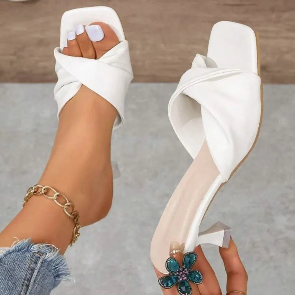Handmade Summer Women's Square Open Toe High Heel Slippers