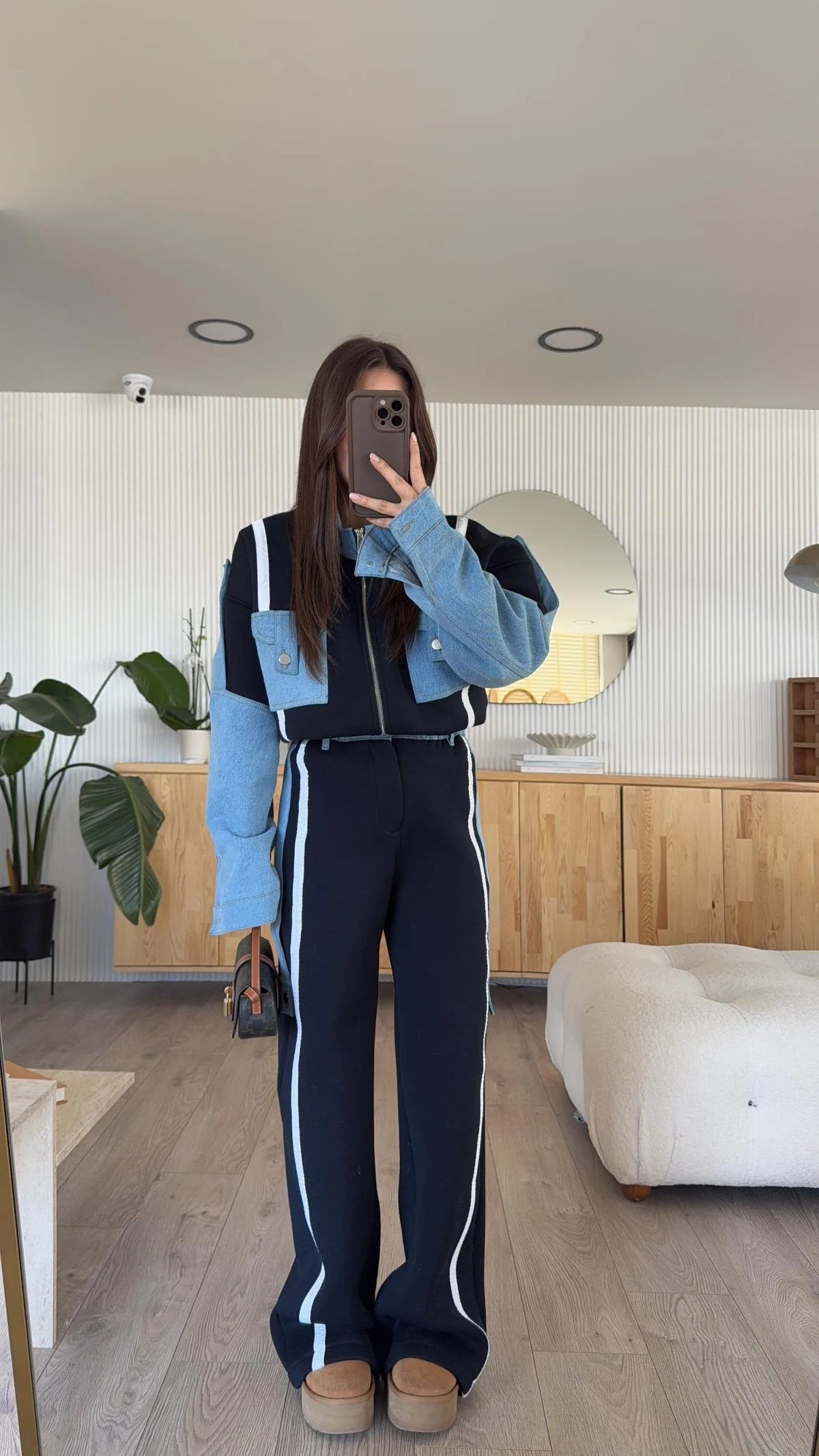 Denim Patchwork Sweatshirt Coat & Wide Leg Pants Set