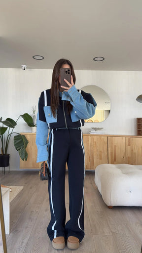 Denim Patchwork Sweatshirt Coat & Wide Leg Pants Set