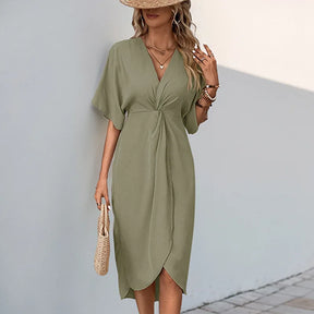 Summer Women's V-neck Pleated Irregular Midi Dress