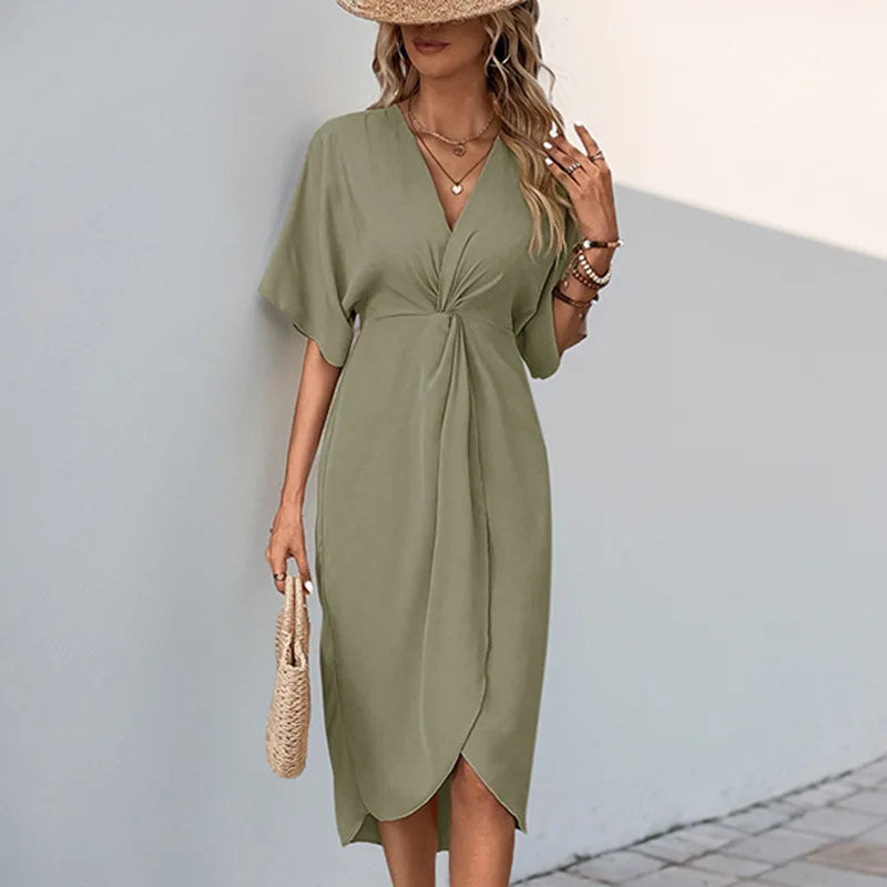 Summer Women's V-neck Pleated Irregular Midi Dress
