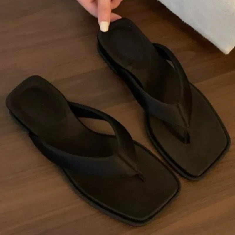 Summer Square Head Open Toe Non-Slip Flat Slippers