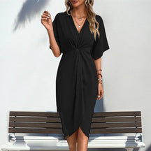 Summer Women's V-neck Pleated Irregular Midi Dress