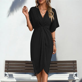 Summer Women's V-neck Pleated Irregular Midi Dress