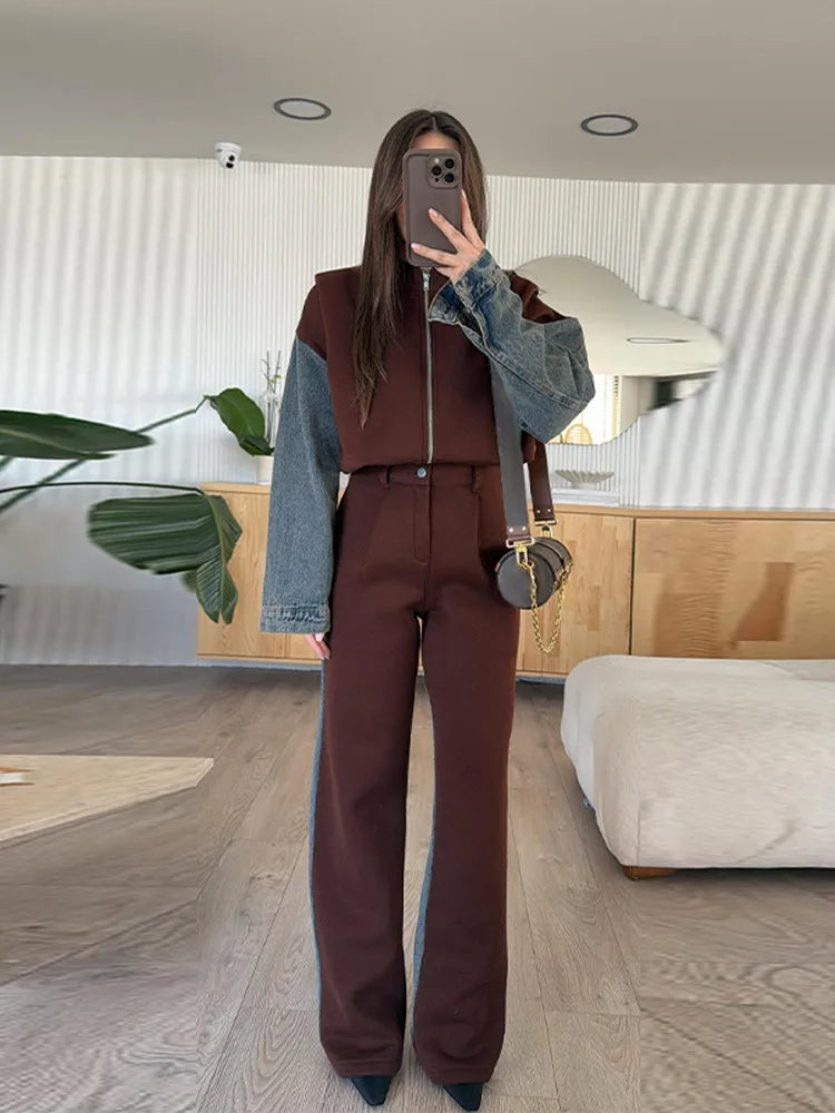 Denim Patchwork Sweatshirt Coat & Wide Leg Pants Set