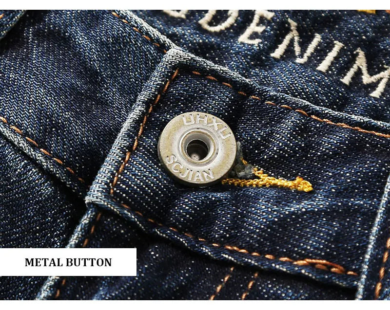Italian street fashion men's jeans, high-quality retro washed blue elastic slim fit corrugated patch jeans, men's retro denim pa