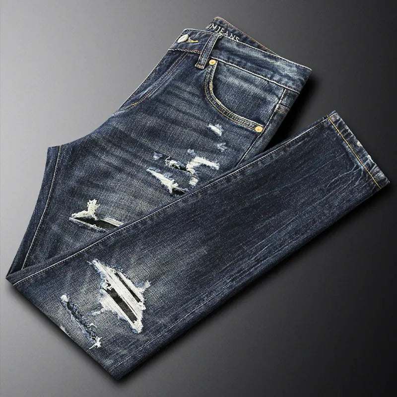 Italian street fashion men's jeans, high-quality retro washed blue elastic slim fit corrugated patch jeans, men's retro denim pa