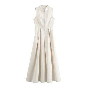 MUJER Zipper Pleated Sleeveless Bodycon Midi Dress