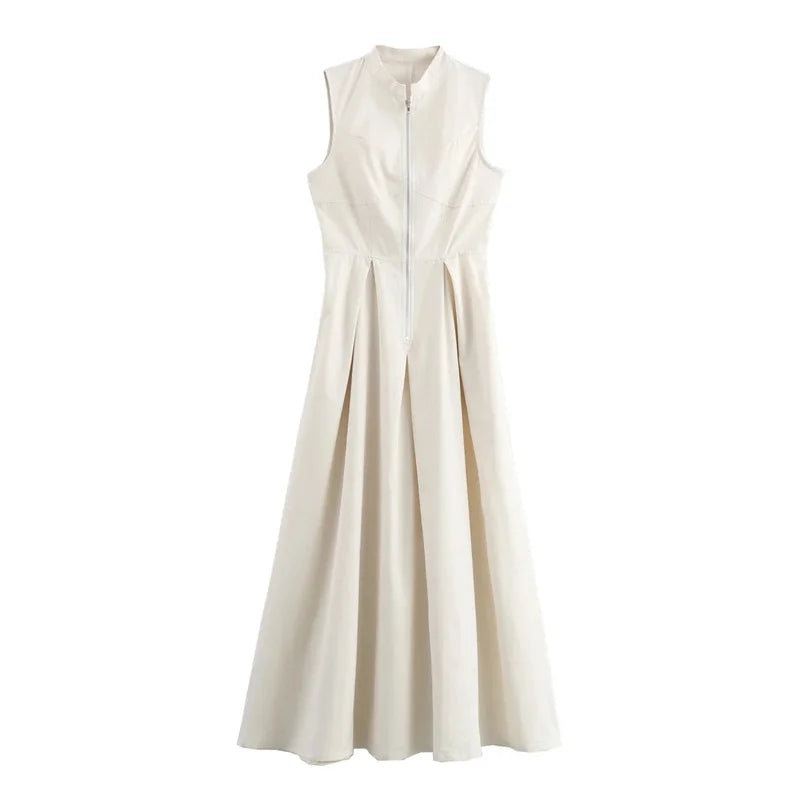 MUJER Zipper Pleated Sleeveless Bodycon Midi Dress