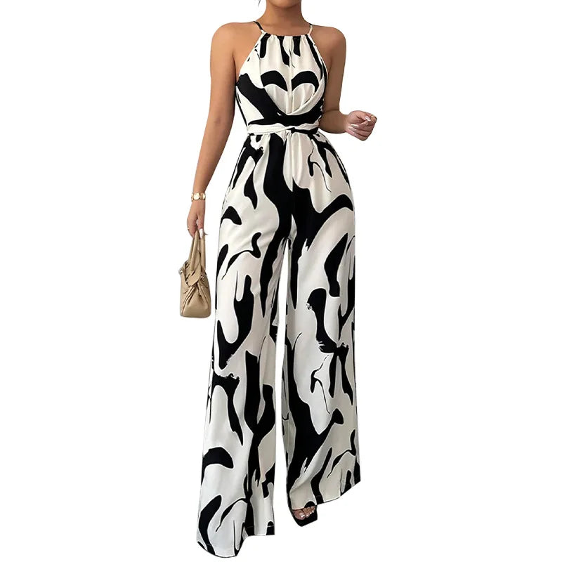 Summer Women's Sexy Halter Neck Geometric Print Jumpsuit