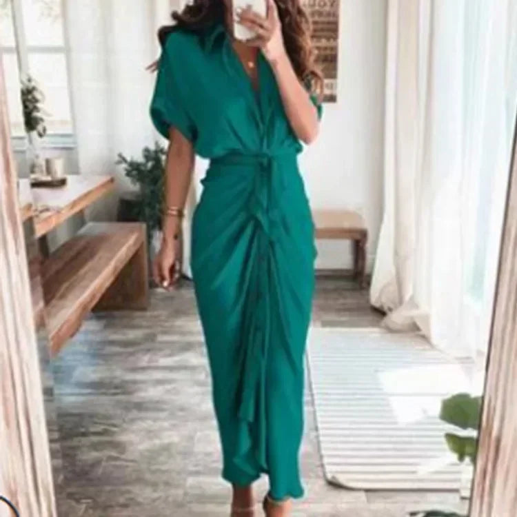 Summer Bandage Shirt Dress with Button & Ruched Waist