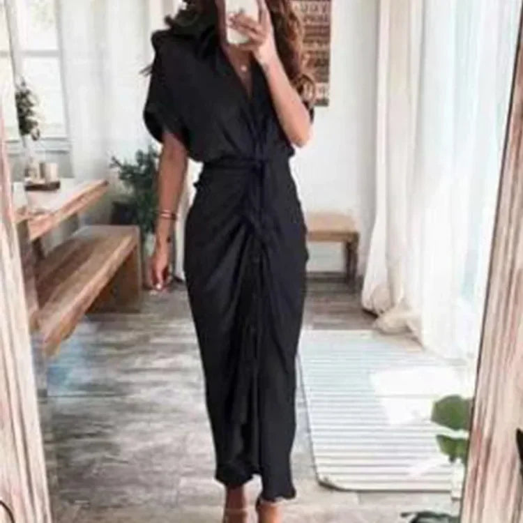 Summer Bandage Shirt Dress with Button & Ruched Waist