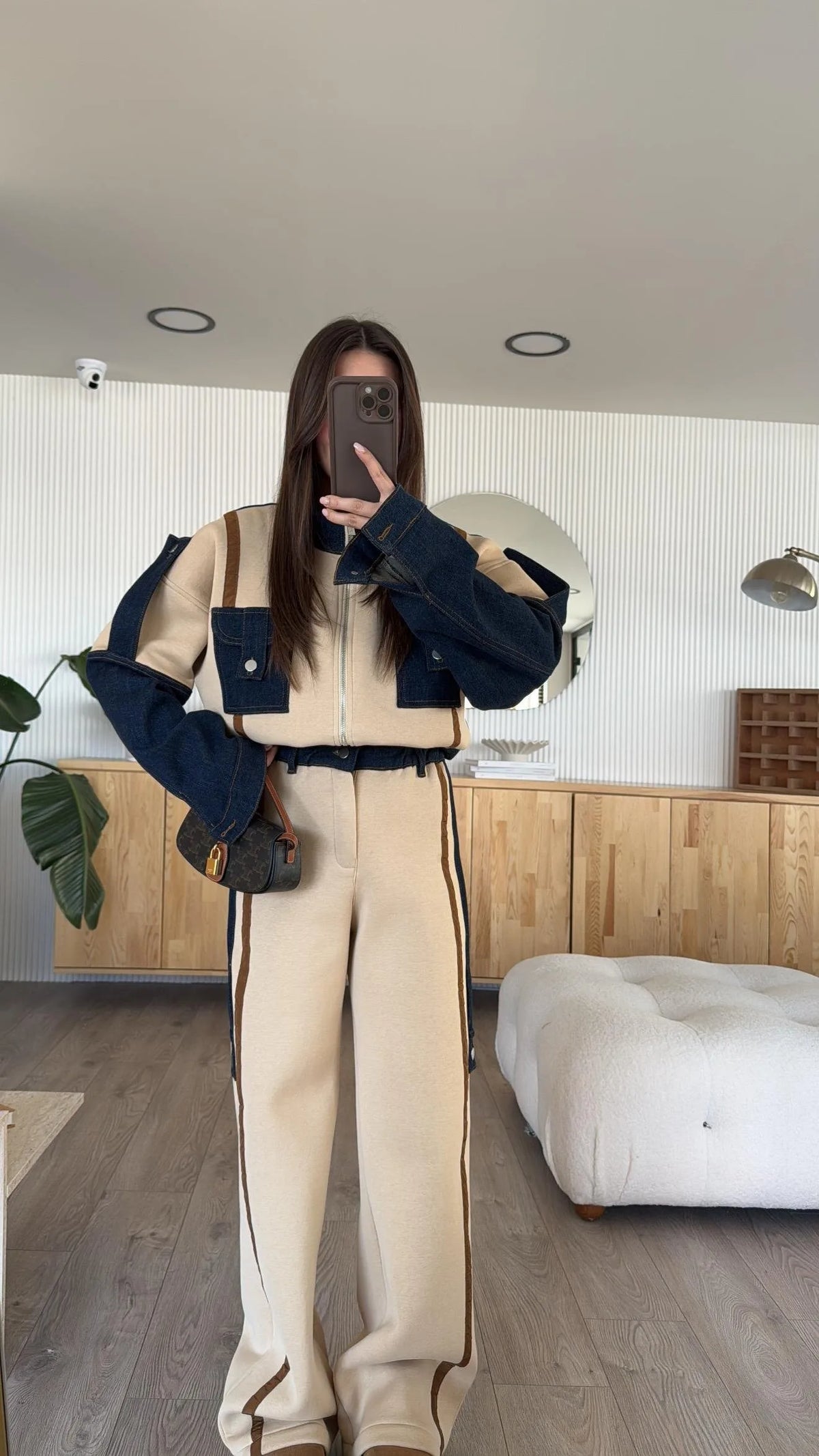Denim Patchwork Sweatshirt Coat & Wide Leg Pants Set