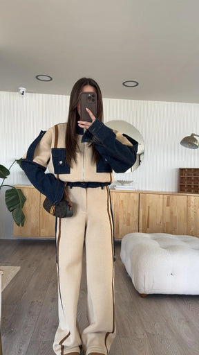 Denim Patchwork Sweatshirt Coat & Wide Leg Pants Set