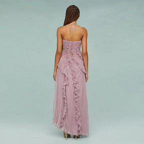 Chic Lotus Edge Backless Lace-Up Halter Maxi Dress