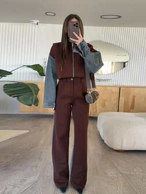 Denim Patchwork Sweatshirt Coat & Wide Leg Pants Set