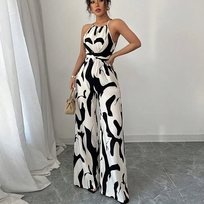 Summer Women's Sexy Halter Neck Geometric Print Jumpsuit