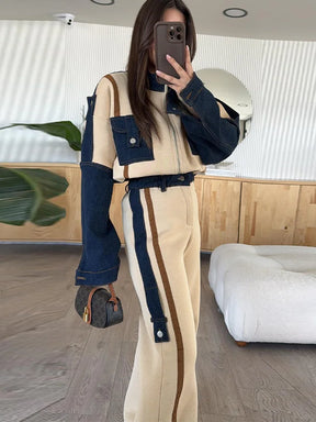 Denim Patchwork Sweatshirt Coat & Wide Leg Pants Set