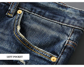 Italian street fashion men's jeans, high-quality retro washed blue elastic slim fit corrugated patch jeans, men's retro denim pa