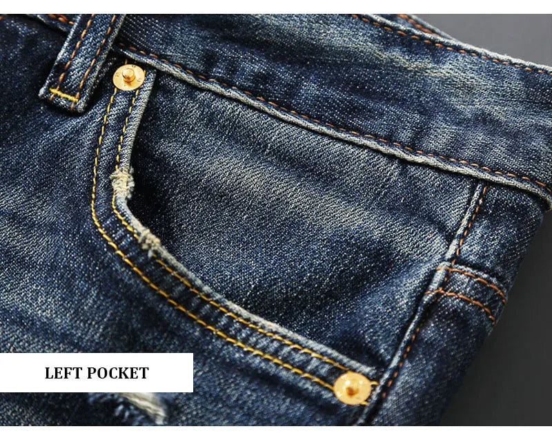 Italian street fashion men's jeans, high-quality retro washed blue elastic slim fit corrugated patch jeans, men's retro denim pa