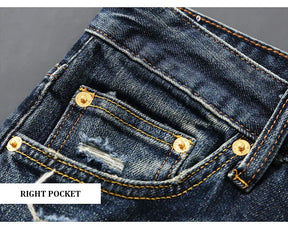 Italian street fashion men's jeans, high-quality retro washed blue elastic slim fit corrugated patch jeans, men's retro denim pa