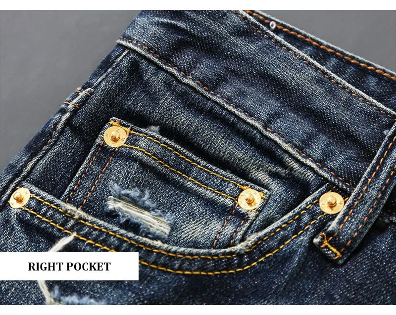 Italian street fashion men's jeans, high-quality retro washed blue elastic slim fit corrugated patch jeans, men's retro denim pa