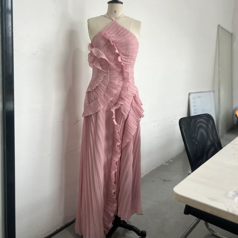 Chic Lotus Edge Backless Lace-Up Halter Maxi Dress
