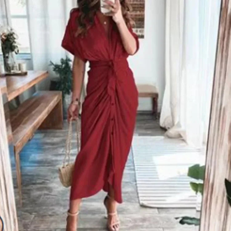 Summer Bandage Shirt Dress with Button & Ruched Waist