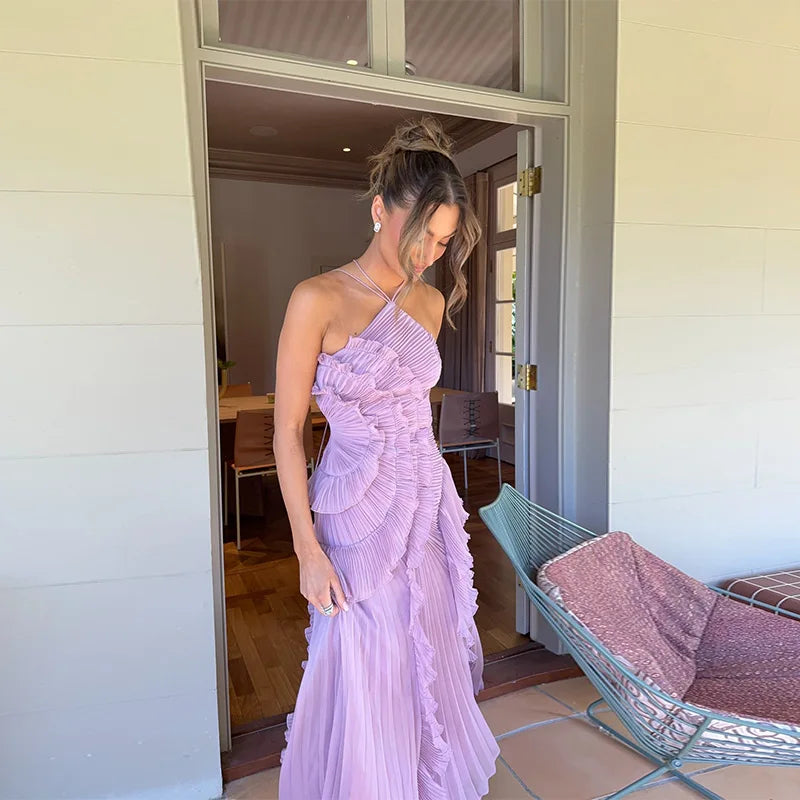 Chic Lotus Edge Backless Lace-Up Halter Maxi Dress