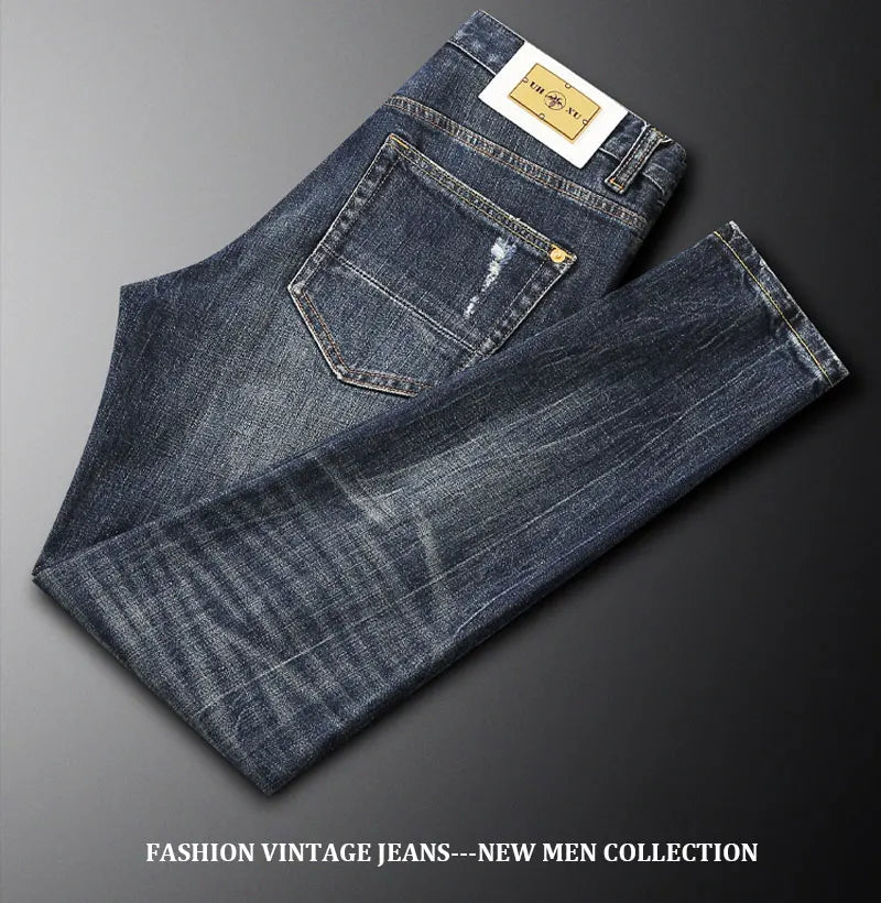 Italian street fashion men's jeans, high-quality retro washed blue elastic slim fit corrugated patch jeans, men's retro denim pa