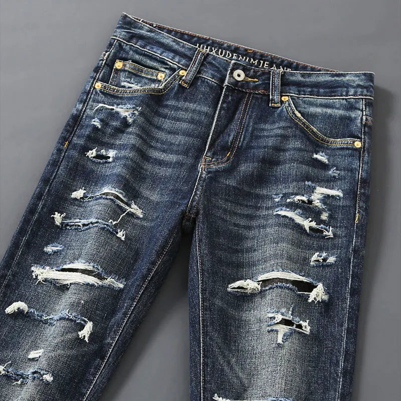 Italian street fashion men's jeans, high-quality retro washed blue elastic slim fit corrugated patch jeans, men's retro denim pa