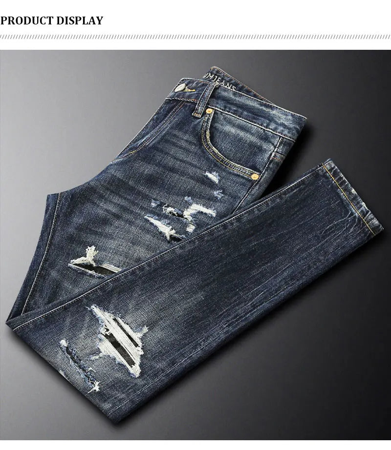 Italian street fashion men's jeans, high-quality retro washed blue elastic slim fit corrugated patch jeans, men's retro denim pa